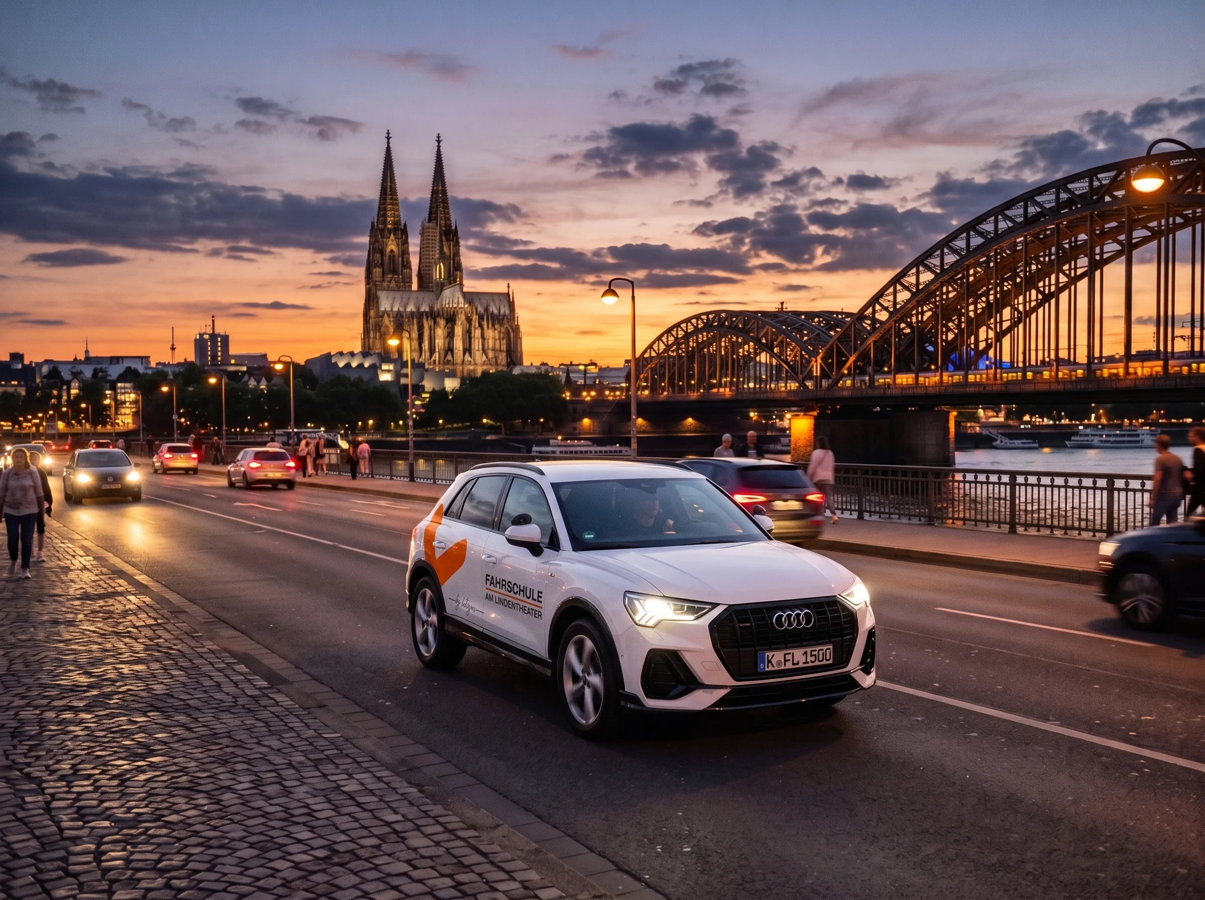 Weißes Fahrschulauto der Fahrschule am Lindentheater vor Kölner Dom und Hohenzollernbrücke im Abendlicht